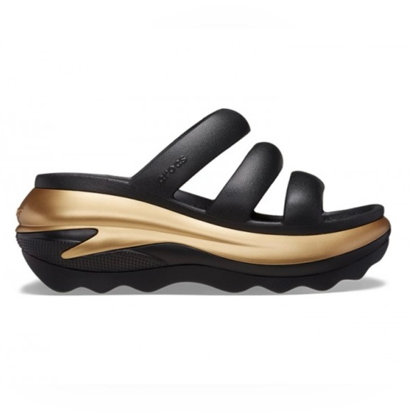 CROCS Shoes - NWT Crocs Mega Crush Metallic Triple Strap Mules. Black & Gold. Size 8
